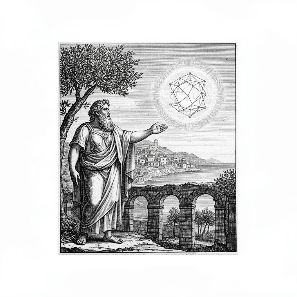 Figura mediterranea che protende la mano verso una forma geometrica luminosa, incisione